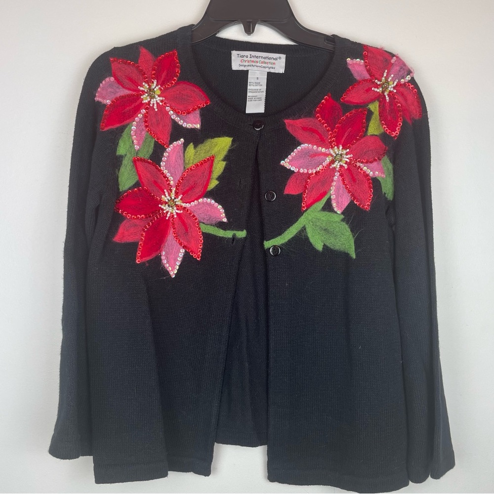 Tiara International Christmas Cardigan Sweater Poinsettia Sequin Size Small